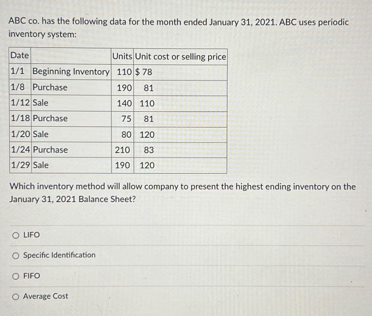 ABC co. has the following data for the month ended January 31, 2021. ABC uses periodic
inventory system:
Date
1/1 Beginning Inventory 110 $ 78
1/8 Purchase
190
81
1/12 Sale
140 110
1/18 Purchase
75 81
1/20 Sale
80
120
1/24 Purchase
210 83
1/29 Sale
190 120
Which inventory method will allow company to present the highest ending inventory on the
January 31, 2021 Balance Sheet?
O LIFO
Specific Identification
Units Unit cost or selling price
O FIFO
O Average Cost