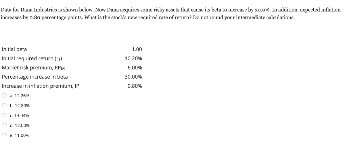 Data for Dana Industries is shown below. Now Dana acquires some risky assets that cause its beta to increase by 30.0%. In addition, expected inflation
increases by 0.80 percentage points. What is the stock's new required rate of return? Do not round your intermediate calculations.
Initial beta
Initial required return (rs)
Market risk premium, RPM
Percentage increase in beta
Increase in inflation premium, IP
a. 12.26%
b. 12.80%
c. 13.04%
d. 12.00%
e. 11.00%
1.00
10.20%
6.00%
30.00%
0.80%