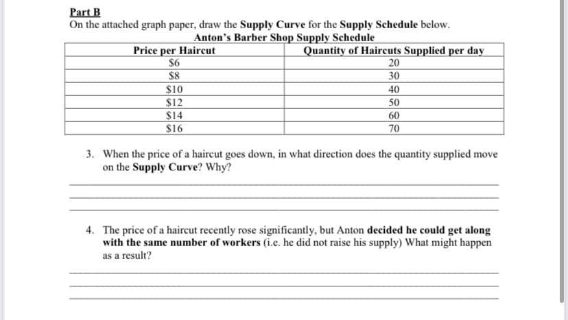 Part B
On the attached graph paper, draw the Supply Curve for the Supply Schedule below.
Anton's Barber Shop Supply Schedule
Quantity of Haircuts Supplied per day
Price per Haircut
$6
$8
20
30
$10
40
$12
50
$14
60
$16
70
3. When the price of a haircut goes down, in what direction does the quantity supplied move
on the Supply Curve? Why?
4. The price of a haircut recently rose significantly, but Anton decided he could get along
with the same number of workers (i.e. he did not raise his supply) What might happen
as a result?
