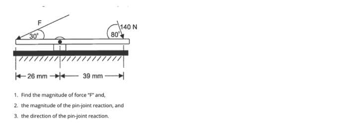 30
140 N
80
+ 26 mm +
39 mm
1. Find the magnitude of force "F" and,
2. the magnitude of the pin-joint reaction, and
3. the direction of the pin-joint reaction.
