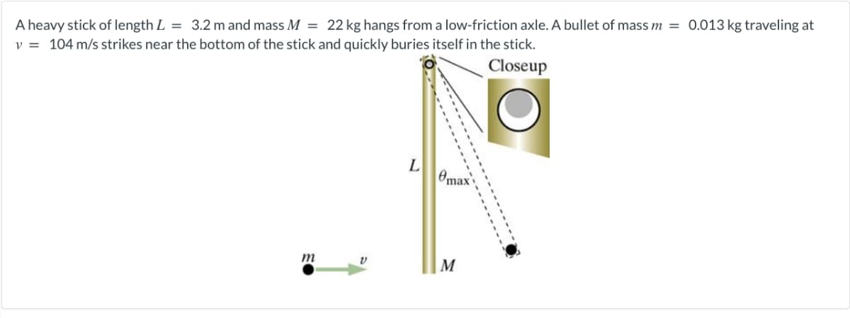 A heavy stick of length L = 3.2 m and mass M = 22 kg hangs from a low-friction axle. A bullet of mass m = 0.013 kg traveling at
v = 104 m/s strikes near the bottom of the stick and quickly buries itself in the stick.
Closeup
L
Omax
m
M
