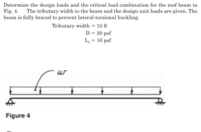 Determine the design loads and the critical load combination for the roof beam in
Fig. 4. The tributary width to the beam and the design unit loads are given. The
beam is fully braced to prevent lateral-torsional buckling.
Tributary width = 10 ft
D = 20 psf
L,
16 psf
Figure 4
w