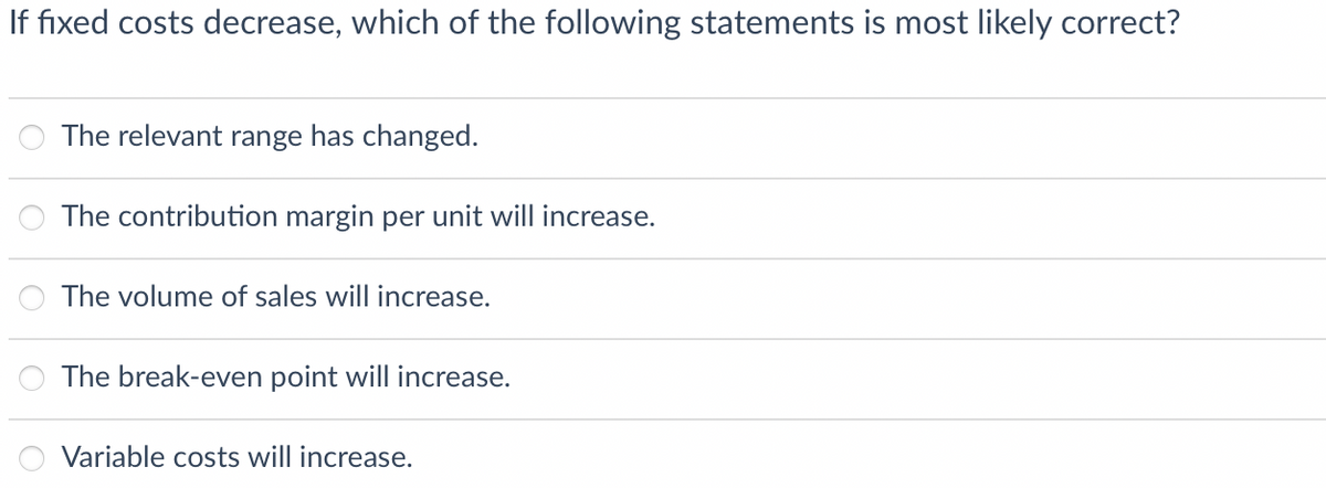 If fixed costs decrease, which of the following statements is most likely correct?
The relevant range has changed.
The contribution margin per unit will increase.
The volume of sales will increase.
The break-even point will increase.
Variable costs will increase.