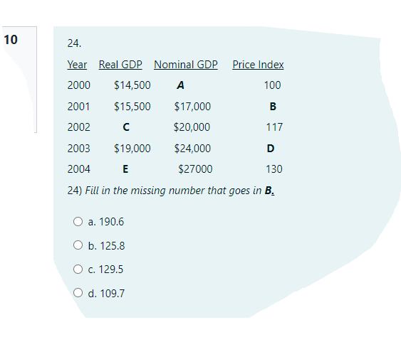 10
24.
Year Real GDP Nominal GDP
Price Index
2000
$14,500
A
100
2001
$15,500
$17,000
B
2002
$20,000
117
2003
$19,000
$24,000
D
2004
E
$27000
130
24) Fill in the missing number that goes in B.
a. 190.6
O b. 125.8
O c. 129.5
O d. 109.7
