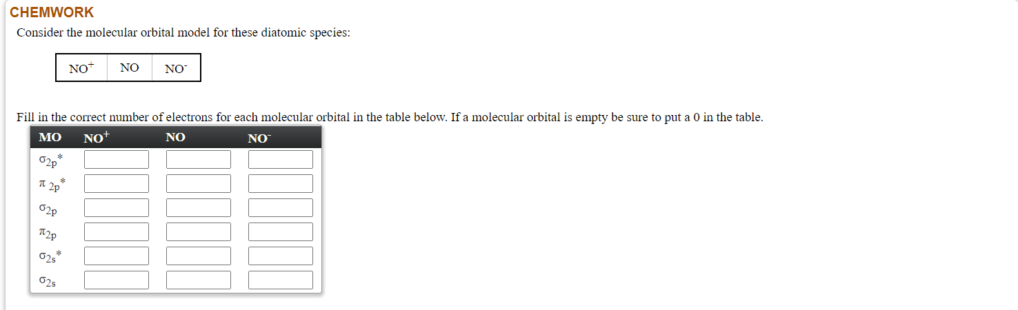 CHEMWORK
Consider the molecular orbital model for these diatomic species:
NO
NO
NO
Fill in the correct number of electrons for each molecular orbital in the table below. If a molecular orbital is empty be sure to put a 0 in the table.
MO
NO+
NO
NO
O2p
02 *
025
