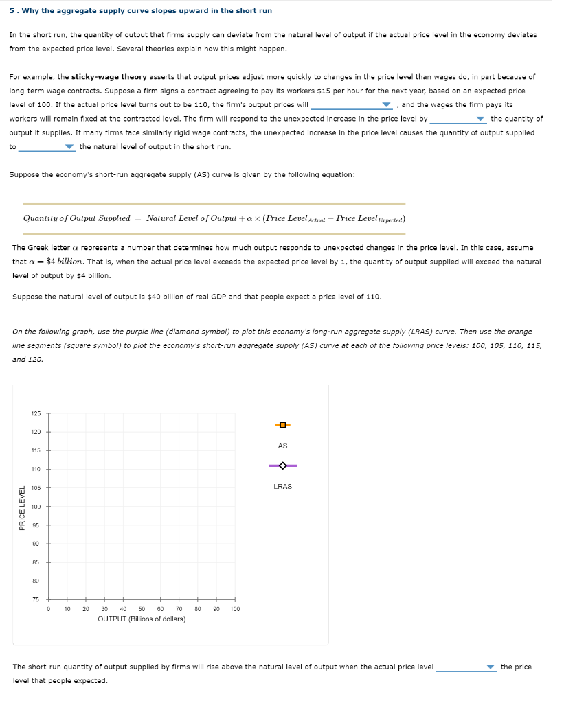 5. Why the aggregate supply curve slopes upward in the short run
In the short run, the quantity of output that firms supply can deviate from the natural level of output if the actual price level in the economy deviates
from the expected price level. Several theories explain how this might happen.
For example, the sticky-wage theory asserts that output prices adjust more quickly to changes in the price level than wages do, in part because of
long-term wage contracts. Suppose a firm signs a contract agreeing to pay its workers $15 per hour for the next year, based on an expected price
level of 100. If the actual price level turns out to be 110, the firm's output prices will
v, and the wages the firm pays its
workers will remain fixed at the contracted level. The firm will respond to the unexpected increase in the price level by
the quantity of
output It supplles. If many firms face simlarly rigld wage contracts, the unexpected Increase In the price level causes the quantity of output supplled
to
the natural level of output in the short run.
Suppose the economy's short-run aggregate supply (AS) curve is given by the following equation:
Quantity of Output Supplied = Natural Level of Output + a x (Price Level Aetunl
Price Level Expected)
The Greek letter a represents a number that determines how much output responds to unexpected changes in the price level. In this case, assume
that a = $4 billion. That is, when the actual price level exceeds the expected price level by 1, the quantity of output supplied will exceed the natural
level of output by $4 billon.
Suppose the natural level of output is $40 billion of real GDP and that people expect a price level of 110.
On the following graph, use the purple line (diamond symbol) to plot this economy's long-run aggregate supply (LRAS) curve. Then use the orange
line segments (square symbol) to plot the economy's short-run aggregate supply (AS) curve at each of the following price levels: 100, 105, 110, 115,
and 120.
125
120
AS
115
110
105
LRAS
100
95
90
85
+
B0
75
10
20
30
40
50
60
70
80
90
100
OUTPUT (Billions of dollars)
The short-run quantity of output supplied by firms will rise above the natural level of output when the actual price level
v the price
level that people expected.
PRICE LEVEL
