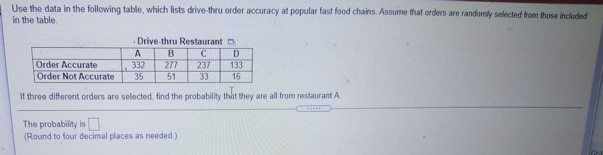 Use the data in the following table, which lists drive-thru order accuracy at popular fast food chains. Assume that orders are randomly selected from those included
in the table.
Drive-thru Restaurant O
C.
Order Accurate
332
277
237
133
Order Not Accurate
35
51
33
16
If three different orders are selected, find the probability that they are all from restaurant A.
...*
The probability is
(Round to four decimal places as needed.)
Gra
