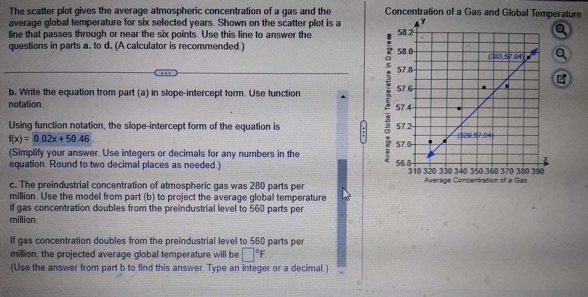 Concentration of a Gas and Global Temperature
The scatter plot gives the average atmospheric concentration of a gas and the
average global temperature for six selected years. Shown on the scatter plot is a
line that passes through or near the six points. Use this line to answer the
questions in parts a. to d. (A calculator is recommended.)
58.2-
58.0
((83,57 04
57.8-
57.6
b. Write the equation trom part (a) in slope-intercept torm. Use tunction
notation.
57.4-
Using function notation, the slope-intercept form of the equation is
f(x) = 0.02x +50.46
(Simplify your answer. Use integers or decimals for any numbers in the
equation. Round to two decimal places as needed.)
57.2-
#29,57-04)
57.0-
56.8-
310 320 330 340 350 360 370 380 390
Average Concentration of a Gas
c. The preindustrial concentration of atmospheric gas was 280 parts per
million. Use the model from part (b) to project the average global temperature
if gas concentration doubles from the preindustrial level to 560 parts per
million.
If gas concentration doubles from the preindustrial level to 560 parts per
million, the projected average global temperature will be °F
(Use the answer from part b to find this answer. Type an integer or a decimal.)
Average Global Temperature in Degress
