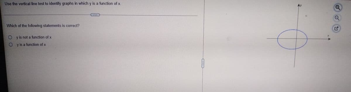 AY
Use the vertical line test to identify graphs in which y is a function of x.
Which of the following statements is correct?
O y is not a function of x
O y is a function of x
