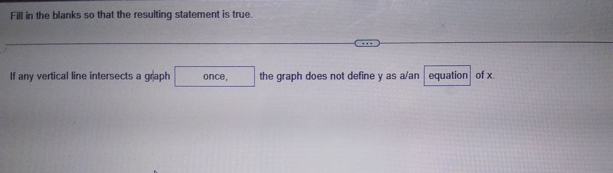 Fill in the blanks so that the resulting statement is true.
If any vertical line intersects a gnaph
once,
the graph does not define y as alan equation of x.
