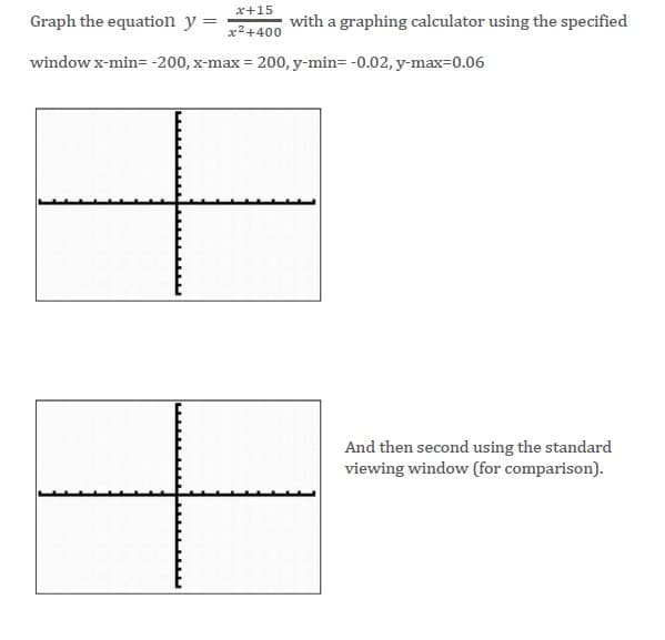 x+15
Graph the equation y =
x²+400
window x-min=-200, x-max = 200, y-min= -0.02, y-max=0.06
with a graphing calculator using the specified
And then second using the standard
viewing window (for comparison).