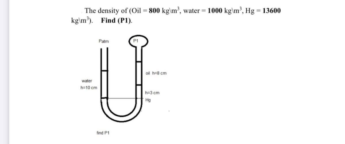 The density of (Oil = 800 kg\m³, water = 1000 kg\m³, Hg = 13600
kg\m³). Find (P1).
%3D
Patm
P1
oil h=8 cm
water
h=10 cm
h=3 cm
Hg
find P1
