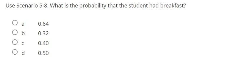 Use Scenario 5-8. What is the probability that the student had breakfast?
0.64
0.32
C
0.40
O d
0.50
