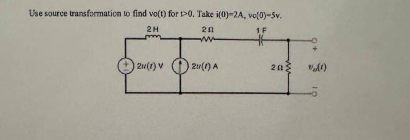 Use source transformation to find vo(t) for 0. Take i(0)-2A, vc(0)=5v.
2H
20
www
1F
2u(1) v2u(1) A
20
vo(1)