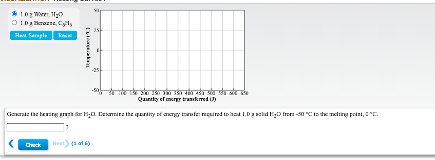 50
1.0 g Water, H20
O 1.0 g Benzene, C,H6
25
Heat Sample
Reset
oF
-25
-50
50 100 150 200 250 300 350 400 450 500 550 600 650
Quantity of energy transferred (J)
Generate the heating graph for H20. Determine the quantity of energy transfer required to heat 1.0 g solid H20 from -50 °C to the melting point, 0 °C.
J
Check
Next
(1 of 6)
Temperature (°C)
