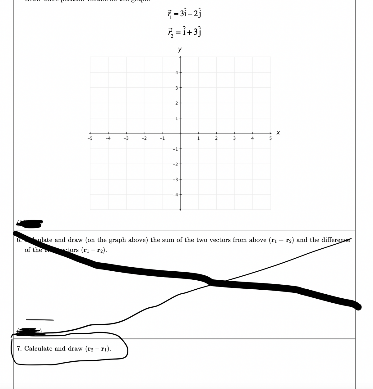 -5
-4
-3
7. Calculate and draw (r₂ - r₁).
-2
-1
7 = 3î - 21
T₂=1+3ĵ
y
4
3
2
1
-1
-2
-3
-4
1
2
3
4
5
X
ulate and draw (on the graph above) the sum of the two vectors from above (r₁ + r2) and the difference
of the
tors (r₁ - r₂).