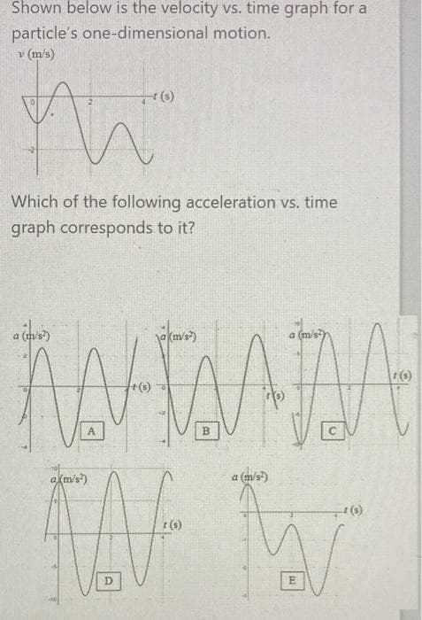 Shown below is the velocity vs. time graph for a
particle's one-dimensional motion.
v (m/s)
t(s)
A
N
Which of the following acceleration vs. time
graph corresponds to it?
a (dus)
(m/s²)
t(s)
A
a (m/s²)
KAV
7 (6)
D
B
a (m/s²)
M
E
1 (s)