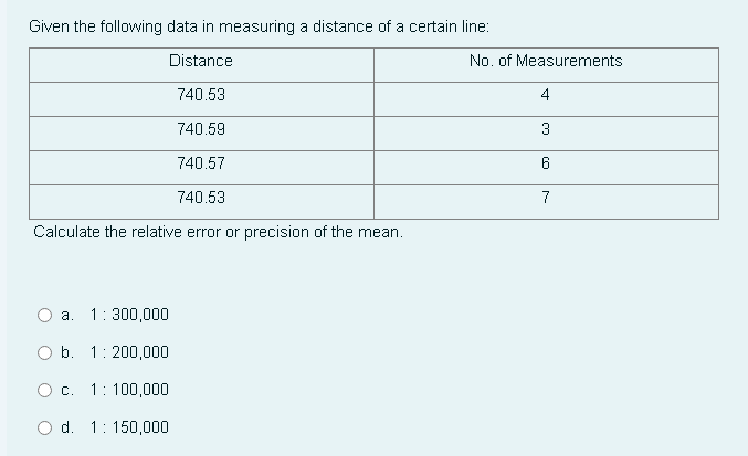 Given the following data in measuring a distance of a certain line:
Distance
No. of Measurements
740.53
4
740.59
3
740.57
6
740.53
7
Calculate the relative error or precision of the mean.
a. 1:300,000
O b. 1: 200,000
O c. 1: 100,000
O d. 1: 150,000
