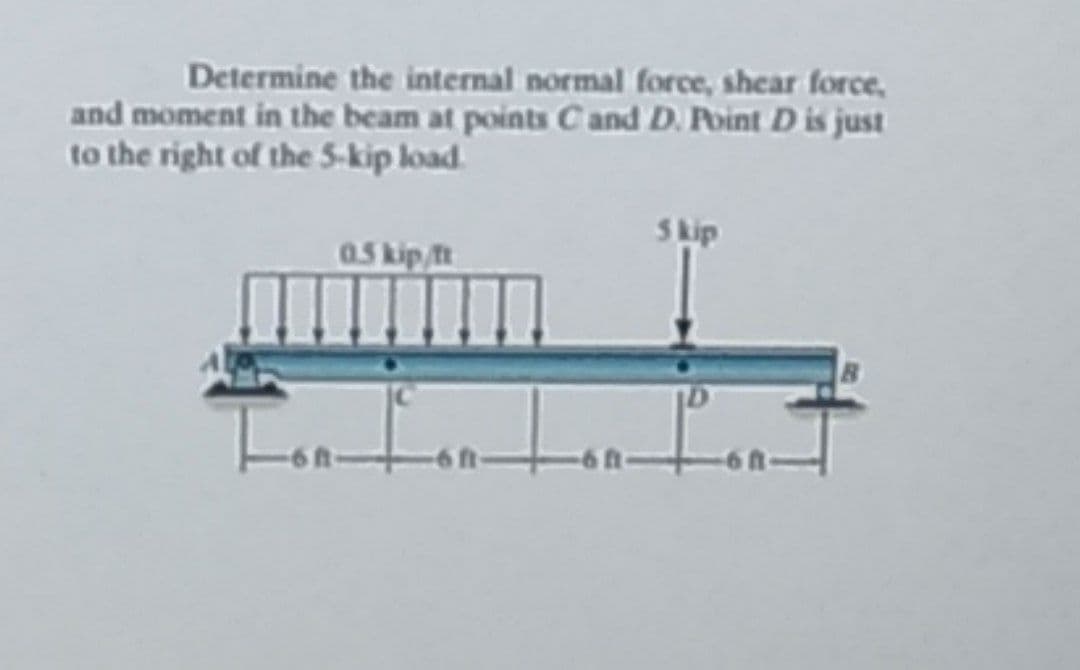 Determine the internal normal force, shear force,
and moment in the beam at points C and D. Point D is just
to the right of the 5-kip load.
a5 kip/ft
S kip
-6A 6n- 6n+6A
