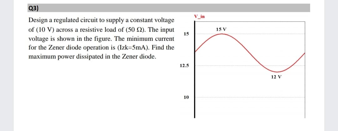Q3)
V_in
Design a regulated circuit to supply a constant voltage
of (10 V) across a resistive load of (50 Q). The input
15 V
15
voltage is shown in the figure. The minimum current
for the Zener diode operation is (Izk=5mA). Find the
maximum power dissipated in the Zener diode.
12.5
12 V
10
