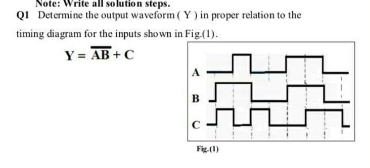 Note: Write all solution steps.
Qi Determine the output waveform ( Y) in proper relation to the
timing diagram for the inputs shown in Fig.(1).
Y = AB + C
B
C
Fig.(1)
