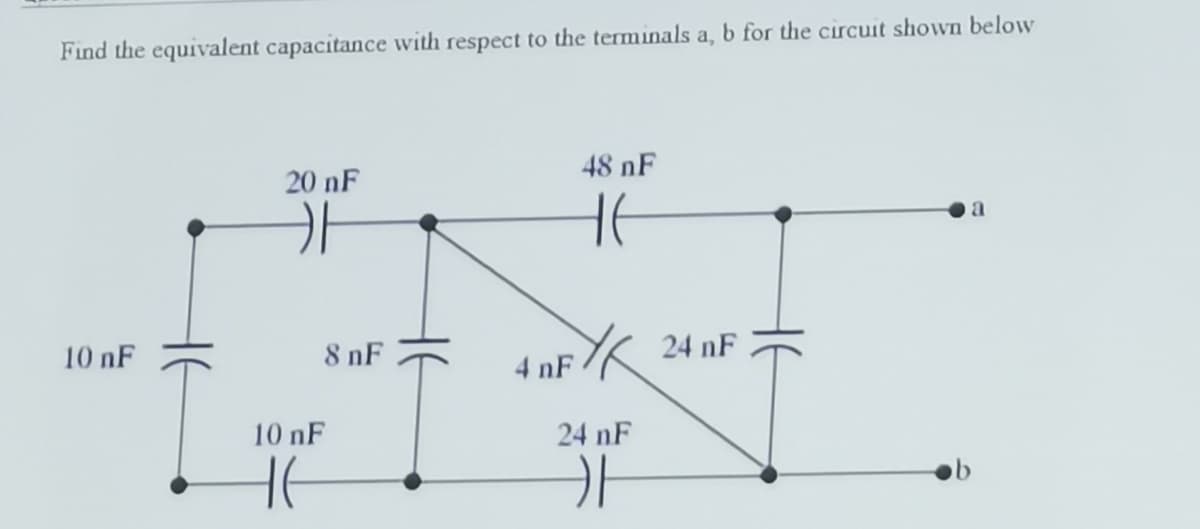 Find the equivalent capacitance with respect to the terminals a, b for the circuit shown below
20 nF
48 nF
FK 24 nF
10 nF
8 nF
4 nF
10 nF
24 nF
HE
