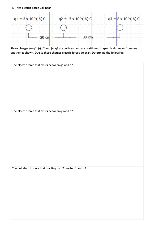 PS-Net Electric Force Collinear
q1 = 3 x 10^(-6) C
q2 = -5 x 10^(-6) C
q38 x 10^(-6) C
20 cm
30 cm
Three charges (+) q1, (-) q2 and (+) q3 are collinear and are positioned in specific distances from one
another as shown. Due to these charges electric forces do exist. Determine the following:
The electric force that exists between q1 and q2
The electric force that exists between q3 and q2
The net electric force that is acting on q2 due to q1 and q3