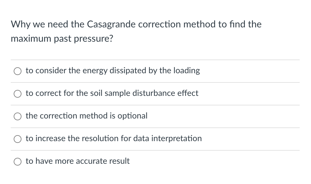 Why we need the Casagrande correction method to find the
maximum past pressure?
to consider the energy dissipated by the loading
to correct for the soil sample disturbance effect
the correction method is optional
to increase the resolution for data interpretation
to have more accurate result
