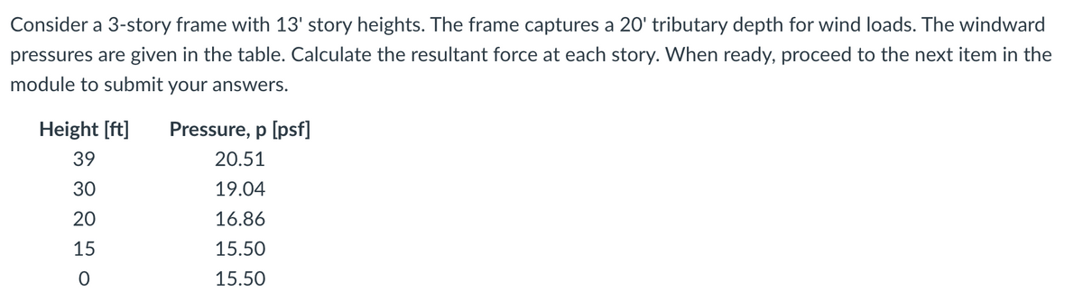 Consider a 3-story frame with 13' story heights. The frame captures a 20' tributary depth for wind loads. The windward
pressures are given in the table. Calculate the resultant force at each story. When ready, proceed to the next item in the
module to submit your answers.
Height [ft]
Pressure, p [psf]
39
20.51
30
19.04
20
16.86
15
15.50
15.50
