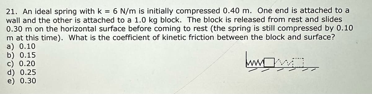 21. An ideal spring with k = 6 N/m is initially compressed 0.40 m. One end is attached to a
wall and the other is attached to a 1.0 kg block. The block is released from rest and slides
0.30 m on the horizontal surface before coming to rest (the spring is still compressed by 0.10
m at this time). What is the coefficient of kinetic friction between the block and surface?
a) 0.10
b) 0.15
c) 0.20
www
d) 0.25
e) 0.30