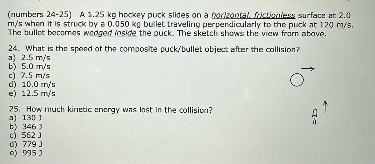 (numbers 24-25) A 1.25 kg hockey puck slides on a horizontal, frictionless surface at 2.0
m/s when it is struck by a 0.050 kg bullet traveling perpendicularly to the puck at 120 m/s.
The bullet becomes wedged inside the puck. The sketch shows the view from above.
24. What is the speed of the composite puck/bullet object after the collision?
a) 2.5 m/s
b) 5.0 m/s
c) 7.5 m/s
d) 10.0 m/s
e) 12.5 m/s
25. How much kinetic energy was lost in the collision?
a) 130 J
b) 346 J
c) 562 J
d) 779 J
e) 995 J
JI
↑