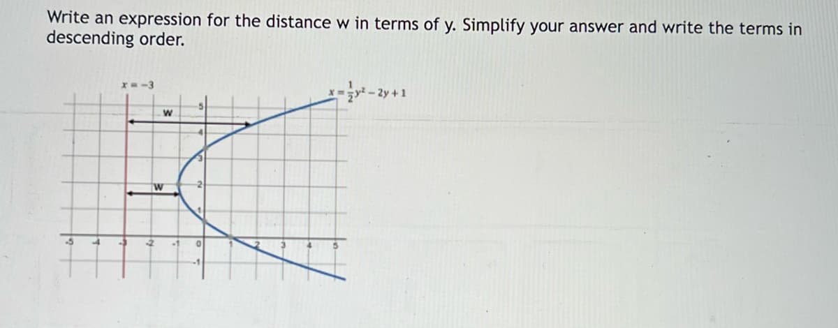 Write an expression for the distance w in terms of y. Simplify your answer and write the terms in
descending order.
-2y+1
-4
-1
