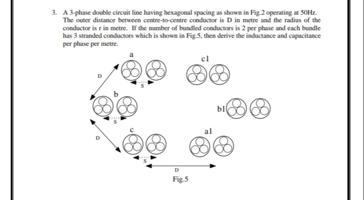 3. A 3-phase double circuit line having hexagonal spacing as shown in Fig.2 operating at 50Hz.
The outer distance between centre-to-centre conductor is D in metre and the radius of the
conductor is r in metre. If the number of bundled conductors is 2 per phase and each bundle
has 3 stranded conductors which is shown in Fig.5, then derive the inductance and capacitance
per phase per metre.
a
D
is
cl
D
Fig.5
al
bl