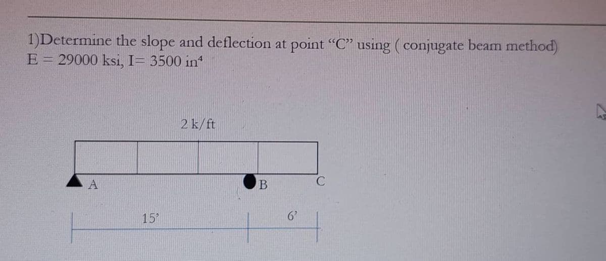 1)Determine the slope and deflection at point “C” using (conjugate beam method)
E = 29000 ksi, I= 3500 in
A
15'
2 k/ft
B
6'