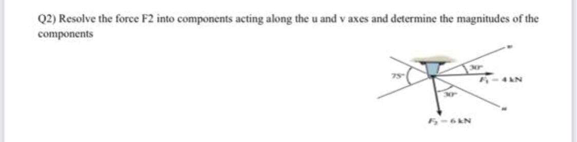 Q2) Resolve the force F2 into components acting along the u and v axes and determine the magnitudes of the
components
30r
75
4AN
30
7-6&N
