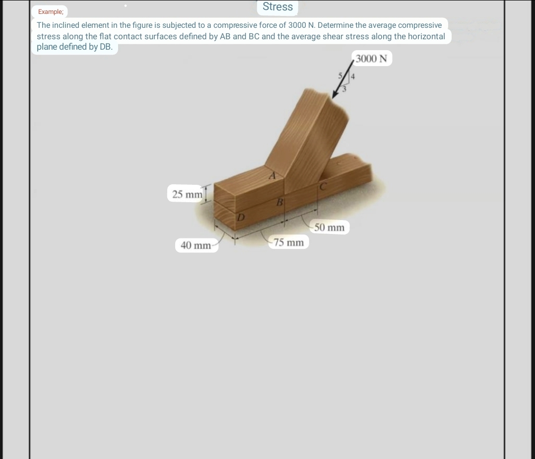 Stress
Example;
The inclined element in the figure is subjected to a compressive force of 3000 N. Determine the average compressive
stress along the flat contact surfaces defined by AB and BC and the average shear stress along the horizontal
plane defined by DB.
25 mm
40 mm-
B
75 mm
-50 mm
3000 N