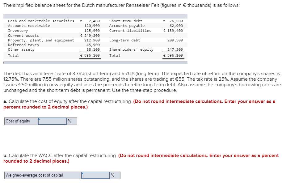 The simplified balance sheet for the Dutch manufacturer Rensselaer Felt (figures in € thousands) is as follows:
€ 76,500
Cash and marketable securities
Short-term debt
€
2,400
120,900
Accounts payable
Accounts receivable
62,900
€ 139,400
Current liabilities
Inventory
125,900
€ 249, 200
Current assets
Property, plant, and equipment
Deferred taxes
212,900
45,900
88,100
Long-term debt
209,500
Shareholders' equity
Other assets
247, 200
€ 596,100
€ 596,100
Total
Total
The debt has an interest rate of 3.75% (short term) and 5.75% (long term). The expected rate of return on the company's shares is
12.75%. There are 7.55 million shares outstanding, and the shares are trading at €55. The tax rate is 25%. Assume the company
issues €50 million in new equity and uses the proceeds to retire long-term debt. Also assume the company's borrowing rates are
unchanged and the short-term debt is permanent. Use the three-step procedure.
a. Calculate the cost of equity after the capital restructuring. (Do not round intermediate calculations. Enter your answer as a
percent rounded to 2 decimal places.)
Cost of equity
b. Calculate the WACC after the capital restructuring. (Do not round intermediate calculations. Enter your answer as a percent
rounded to 2 decimal places.)
Weighed-average cost of capital
