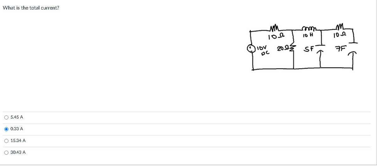 What is the total current?
10 H
Iov
2005
SF
O 5.45 A
O 0,33 A
O 15.34 A
O 30.43 A
