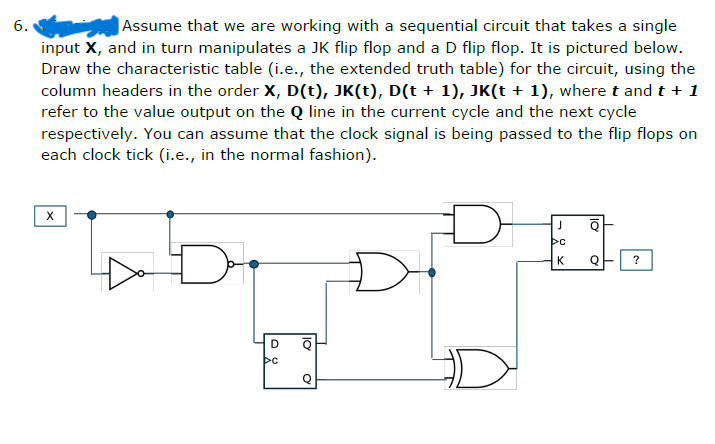 6.
Assume that we are working with a sequential circuit that takes a single
input X, and in turn manipulates a JK flip flop and a D flip flop. It is pictured below.
Draw the characteristic table (i.e., the extended truth table) for the circuit, using the
column headers in the order X, D(t), JK(t), D(t + 1), JK(t + 1), where t and t + 1
refer to the value output on the Q line in the current cycle and the next cycle
respectively. You can assume that the clock signal is being passed to the flip flops on
each clock tick (i.e., in the normal fashion).
X
D
08
J
>C
K
Q
?