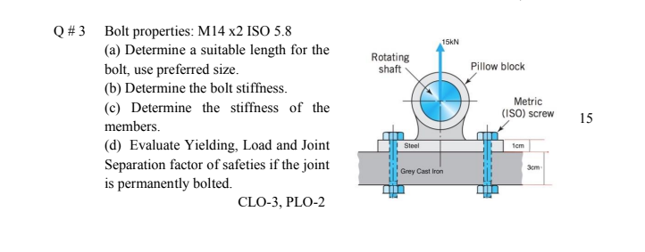 Bolt properties: M14 x2 ISO 5.8
(a) Determine a suitable length for the
bolt, use preferred size.
(b) Determine the bolt stiffness.
Q # 3
15KN
Rotating
shaft
Pillow block
Metric
(ISO) screw
(c) Determine the stiffness of the
15
members.
(d) Evaluate Yielding, Load and Joint
Separation factor of safeties if the joint
is permanently bolted.
Steel
1cm
Som
Grey Cast Iron
CLO-3, PLO-2
