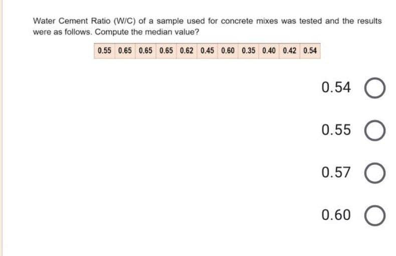 Water Cement Ratio (W/C) of a sample used for concrete mixes was tested and the results
were as follows. Compute the median value?
0.55 0.65 0.65 0.65 0.62 0.45 0.60 0.35 0.40 0.42 0.54
0.54
0.55 O
0.57
0.60
