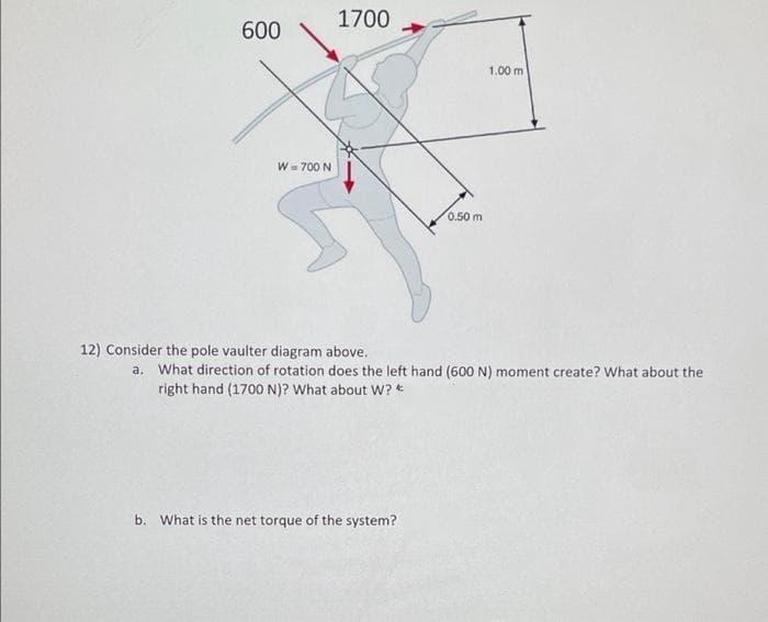 1700
600
1.00 m
W = 700 N
0.50 m
12) Consider the pole vaulter diagram above.
a. What direction of rotation does the left hand (600 N) moment create? What about the
right hand (1700 N)? What about W?
b. What is the net torque of the system?
