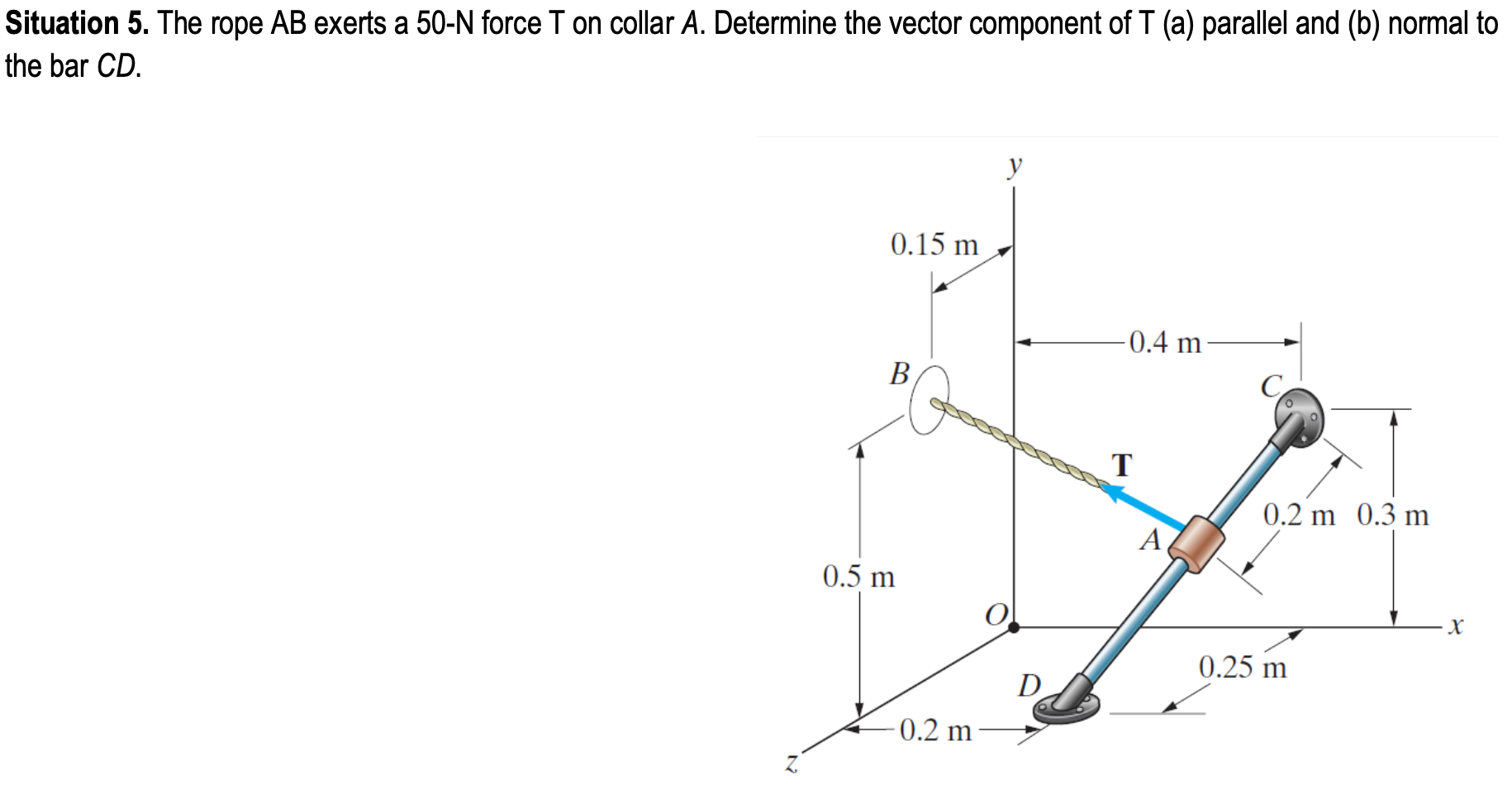 Situation 5. The rope AB exerts a 50-N force T on collar A. Determine the vector component of T (a) parallel and (b) normal to
he bar CD.
y
0.15 m
-0.4 m
В
T
0.2 m 0.3 m
A
0.5 m
0.25 m
D
0.2 m
