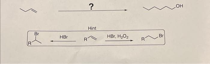 R
Br
HBr
R
?
Hint
HBr, H₂O₂
R
Br
OH