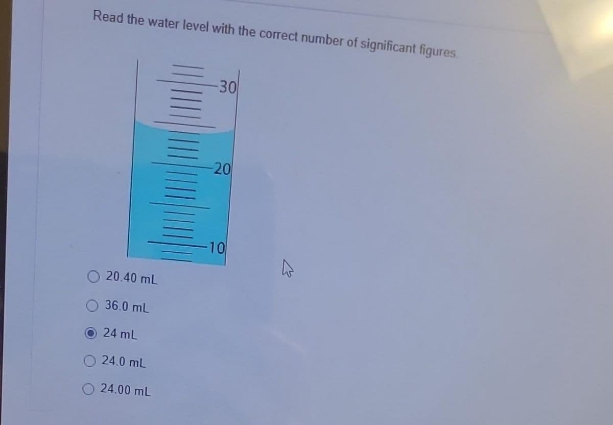 Read the water level with the correct number of significant figures.
20.40 mL
36.0 mL
24 mL
24.0 mL
24.00 mL
-30
-20
10