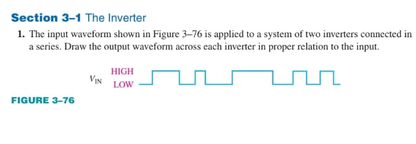 Section 3-1 The Inverter
1. The input waveform shown in Figure 3-76 is applied to a system of two inverters connected in
a series. Draw the output waveform across each inverter in proper relation to the input.
FIGURE 3-76
VIN
HIGH
LOW