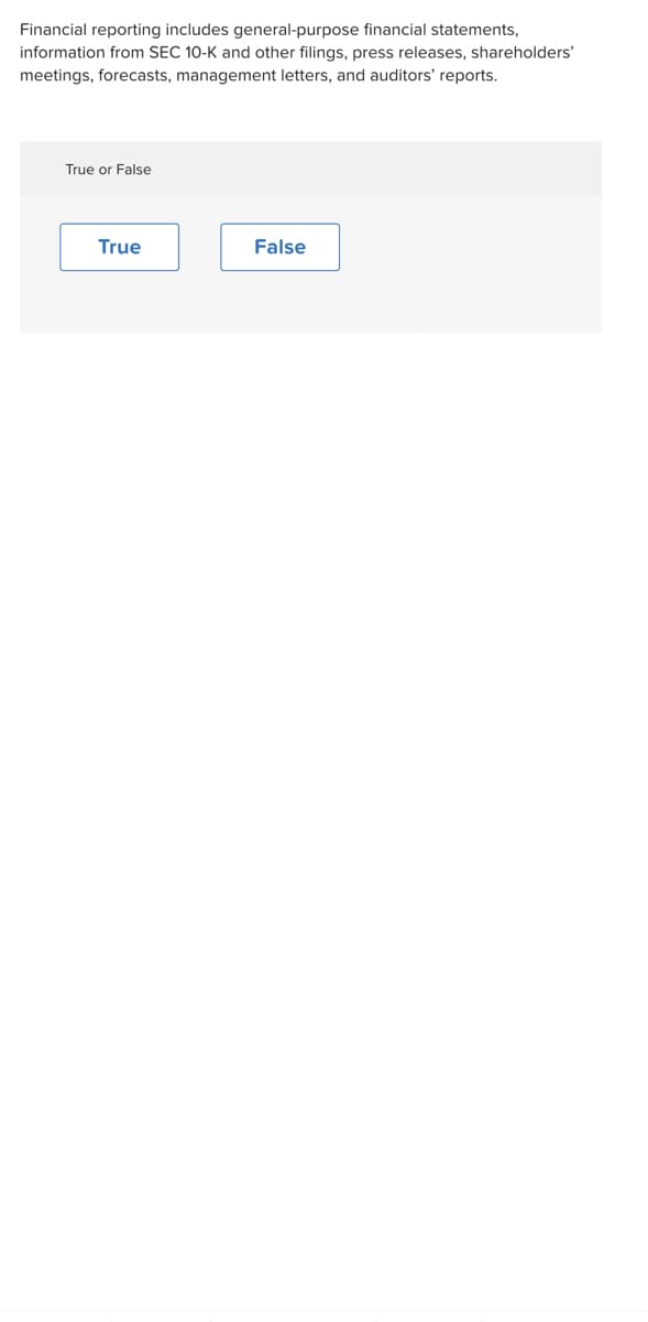 Financial reporting includes general-purpose financial statements,
information from SEC 10-K and other filings, press releases, shareholders'
meetings, forecasts, management letters, and auditors' reports.
True or False
True
False