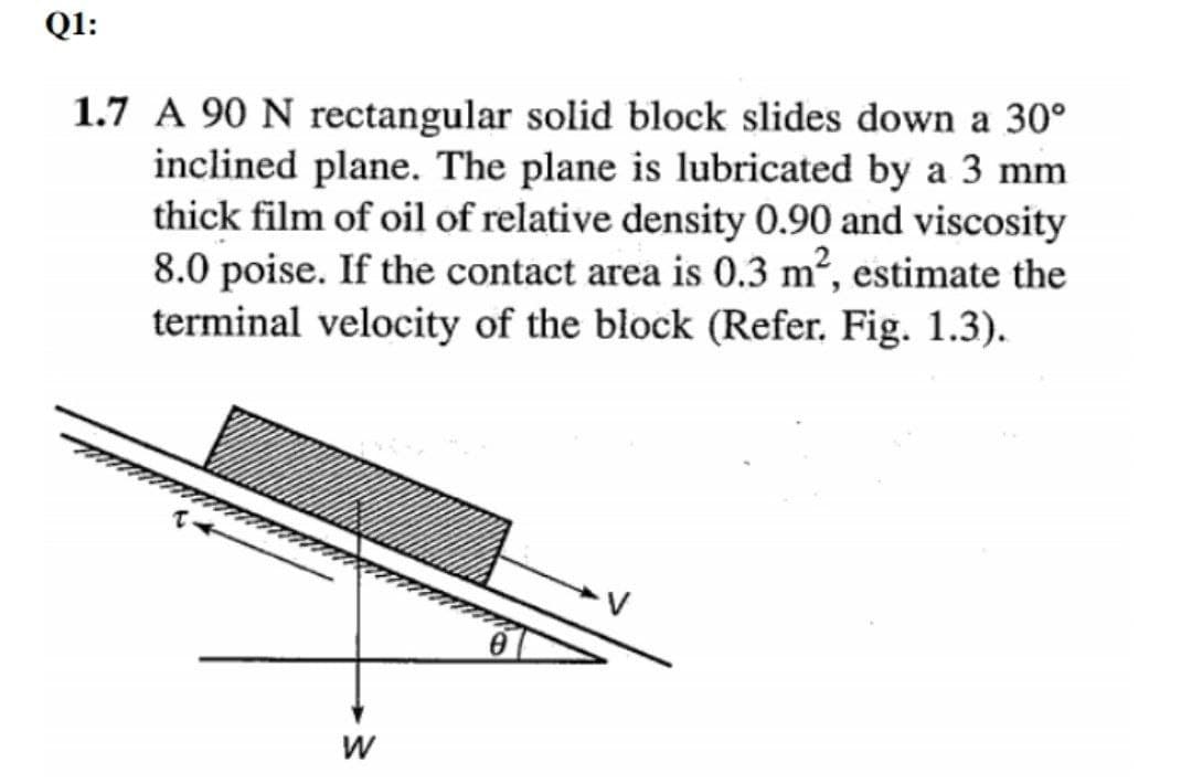 Q1:
1.7 A 90 N rectangular solid block slides down a 30°
inclined plane. The plane is lubricated by a 3 mm
thick film of oil of relative density 0.90 and viscosity
8.0 poise. If the contact area is 0.3 m², estimate the
terminal velocity of the block (Refer. Fig. 1.3).
