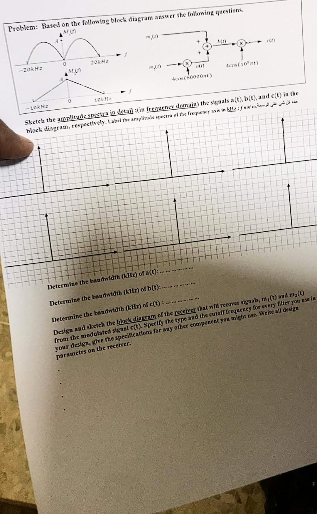 Problem: Based on the following block diagram answer the following questions.
m,(1)
ー20kH:
20kHz
a(1)
4cos(10 nt)
4cos(60000nt)
-10よHェ
10KH:
Sketch the amplitude spectra in detail :(in frequency domain) the signals a(t), b(t), and c(t) in the
block diagram, respectively. Label the amplitude spectra of the frequency axis in kHz; f not e. s dia
Determine the bandwidth (kHz) of a(t): .
Determine the bandwidth (kHz) of b(t):
Determine the bandwidth (kHz) of c(t):
Design and sketch the block diagram of the receiver that will recover signals, m (t) and m2(t)
from the modulated signal c(t). Specify the type and the cutoff frequency for every filter you use in
your design, give the specifications for any other component you might use. Write all design
parametrs on the receiver.
