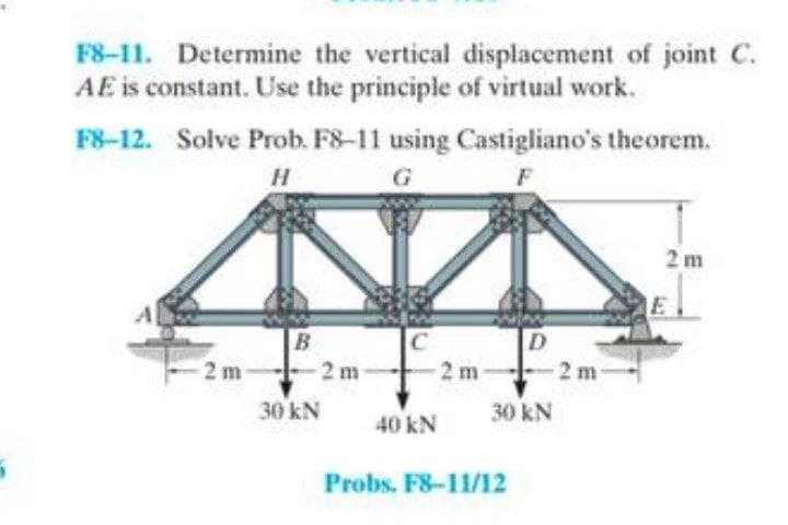 F8-11. Determine the vertical displacement of joint C.
AE is constant. Use the principle of virtual work.
F8-12. Solve Prob. F8-11 using Castigliano's theorem.
H
G
2 m
B
30 kN
2 m
C
-2 m
40 kN
D
30 kN
Probs. F8-11/12
2 m-
2m